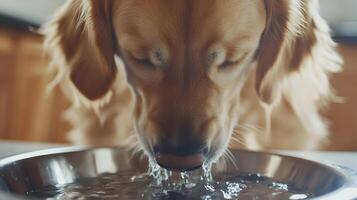 Golden retriever enjoying cool refreshment, quenching thirst with refreshing water sip photo