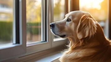 Golden Retriever gaze, observing life from the sill of the window in the calming afternoon light photo
