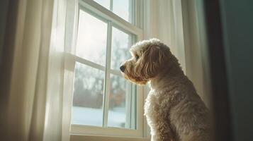 A charming Cockapoo gazing through a window during a bright winter day at home photo