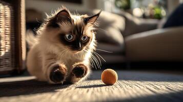 Captivating Kitten Gaze, A Ragdoll Cat Focused on a Playful Pursuit of a Small Ball photo