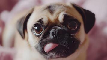 Close-Up of a Charming Pug with Tongue Out, Expressing Playfulness and Joyfulness photo