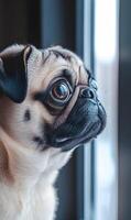 Portrait of a pug dog looking out window with a pensive expression on its face detail view photo