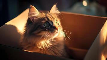 Adorable tabby cat inside cardboard box looking up with curious expression and golden glow photo