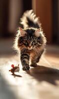 Feline on the Prowl A Fluffy Cat's Intense Gaze at a Toy Mouse in a Warm Light Room photo
