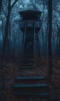 Eerie wooden watchtower rising through the trees in a foreboding, misty wilderness landscape photo