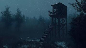 Ominous hunting stand shrouded in rain in a dark forest a scene invoking mystery and unease photo