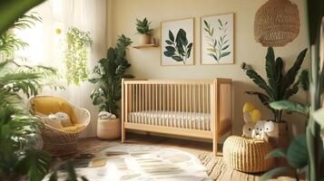 Serene nursery space filled with verdant foliage and soft, natural light creating calm ambience photo