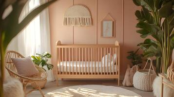 Serene nursery oasis with nature accents creating a calming ambiance for infant well being photo