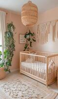 Serene nursery scene, showcasing botanical elements and a natural color palette with calming vibes. photo
