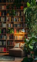 Inviting reading space with cozy armchair, towering bookshelf, and vibrant leafy greenery. photo