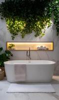 Elegance redefined, serene bathroom escape with lush greenery and sophisticated design elements photo