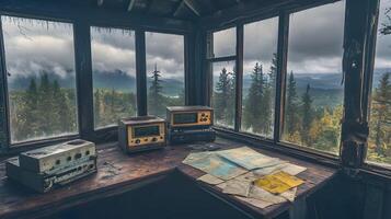Eerie abandoned lookout post with aged equipment and forest view evokes isolation mood photo