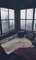 Atmospheric interior of an abandoned station with fog-shrouded view and vintage equipment photo
