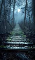 An eerie wooden path disappears into the foggy depths of the forest under a spectral moon glow photo