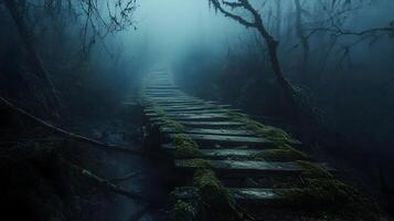 Mystical pathway amidst dense forest covered in mist, evoking feelings of suspense, eerie, and unsettling photo