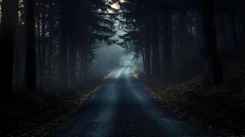 Eerie pathway through the shadowy woods, mysterious atmosphere and foreboding woodland road photo