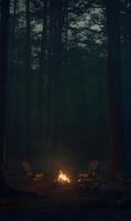 Forest Evening Gathering, Fire's Glow Illuminating Adirondack Chairs, a Deep Wilderness Retreat photo