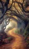 Enigmatic forest pathway draped with ethereal mist and intertwining ancient arboreal forms photo