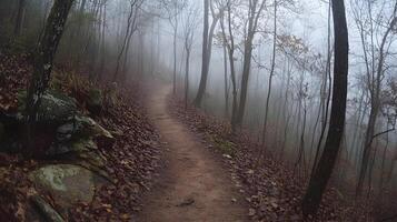 Eerie trail through a dense forest shrouded in fog, creating a mysterious atmosphere photo