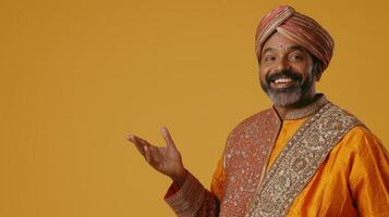 Smiling indian entrepreneur in traditional attire studio setting portrait cultural representation positive vibe photo