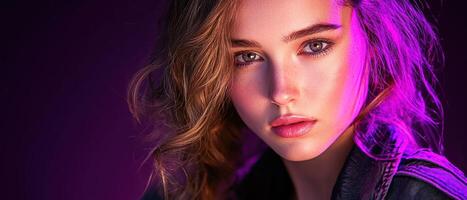 Captivating portrait of a woman with purple lighting studio photo