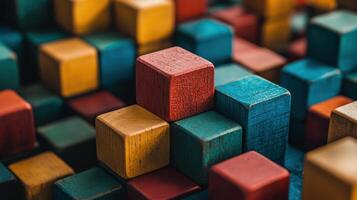 Colorful wooden blocks arrangement creative play space stock photo indoor setting close-up view artistic concept