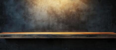 Minimalist empty wall background with wooden shelf photo