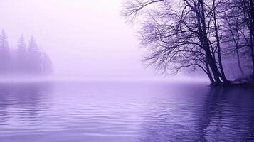 Misty purple lake reflection serene nature scene tranquil environment peaceful viewpoint ethereal concept photo
