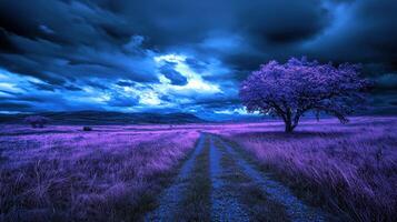 Surreal purple landscape scene open field photography dramatic sky wide angle nature's beauty unleashed photo
