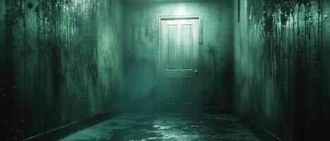 Mysterious doorway abandoned hallway digital art foggy environment low angle eerie concept photo