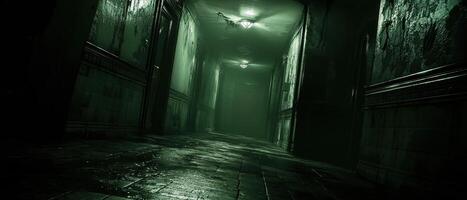Eerie hallway shadows abandoned building digital art dark atmosphere low angle haunting concept photo