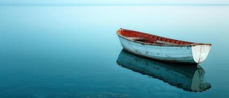 Tranquil rowboat reflection serene water surface natural photography coastal environment peaceful viewpoint photo
