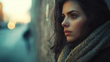 Woman featuring contemplative expression urban street portrait photography evening light close-up emotional depth photo