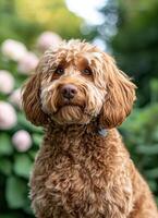 Charming dog portrait natural garden setting macro photography green background close-up pet love photo