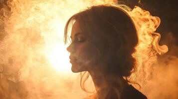 Ethereal woman silhouette surrounded by smoke dramatic lighting artistic photography studio setting profile view conceptual imagery photo