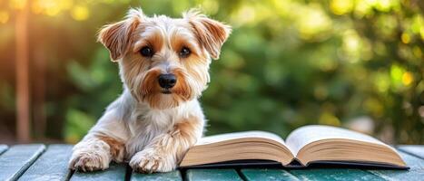 Playful dog reading book outdoors nature macro shot green background natural light pet concept photo