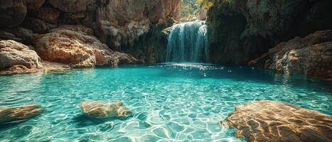 Majestic waterfall scene in tropical paradise nature photography serene environment panoramic view tranquil concept photo