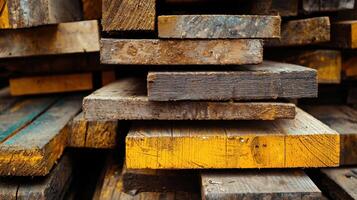 Wooden plank stacking process construction site photography industrial environment close-up view material handling concept photo