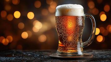 Refreshing foam-topped beer in a cozy bar setting close-up perspective beverage photography warm atmosphere photo