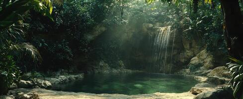Serene waterfall and pool lush jungle oasis nature photography tropical environment peaceful viewpoint tranquility concept photo