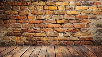 Rustic brick wall background with wooden floor interior design warm tones cozy atmosphere perspective for photography photo