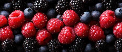 Fresh berry medley close-up food photography natural setting high fidelity vibrant colors photo