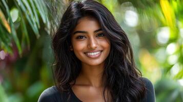 Smiling woman in lush tropical garden portrait photography natural environment bright mood photo