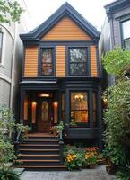 Charming renovated house urban neighborhood architecture showcase lush garden front view minimalist aesthetic photo