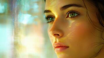 Captivating portrait of a thoughtful woman soft background photography intimate setting close-up beauty concept photo