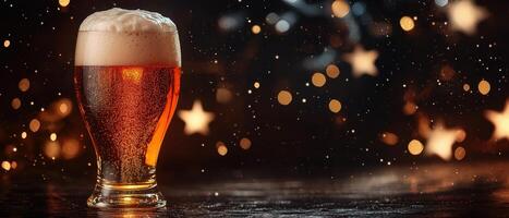 Refreshing cold beer with foam cozy bar atmosphere beverage photography nighttime vibes close-up view indulgence concept photo