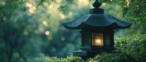 Serene lantern illuminating zen garden tranquil nature scene landscape photography soft focus peaceful atmosphere photo