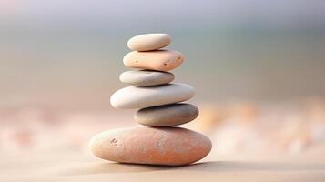 Balanced river stones stacked in harmony tranquil nature setting closeup focus serene environment photo