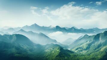 Majestic mountain peak surrounded by lush greenery nature landscape clear sky serene environment wide-angle view photo