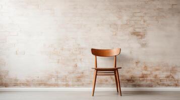 Artistic empty wooden chair against textured wall minimalist decor indoor setting contemporary design perspective photo
